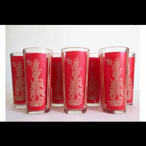 Vintage Mid Century Modern Thai Goddess Lakshmi Tall Red Tumbler Glasses - 9 - Picture 5 of 5